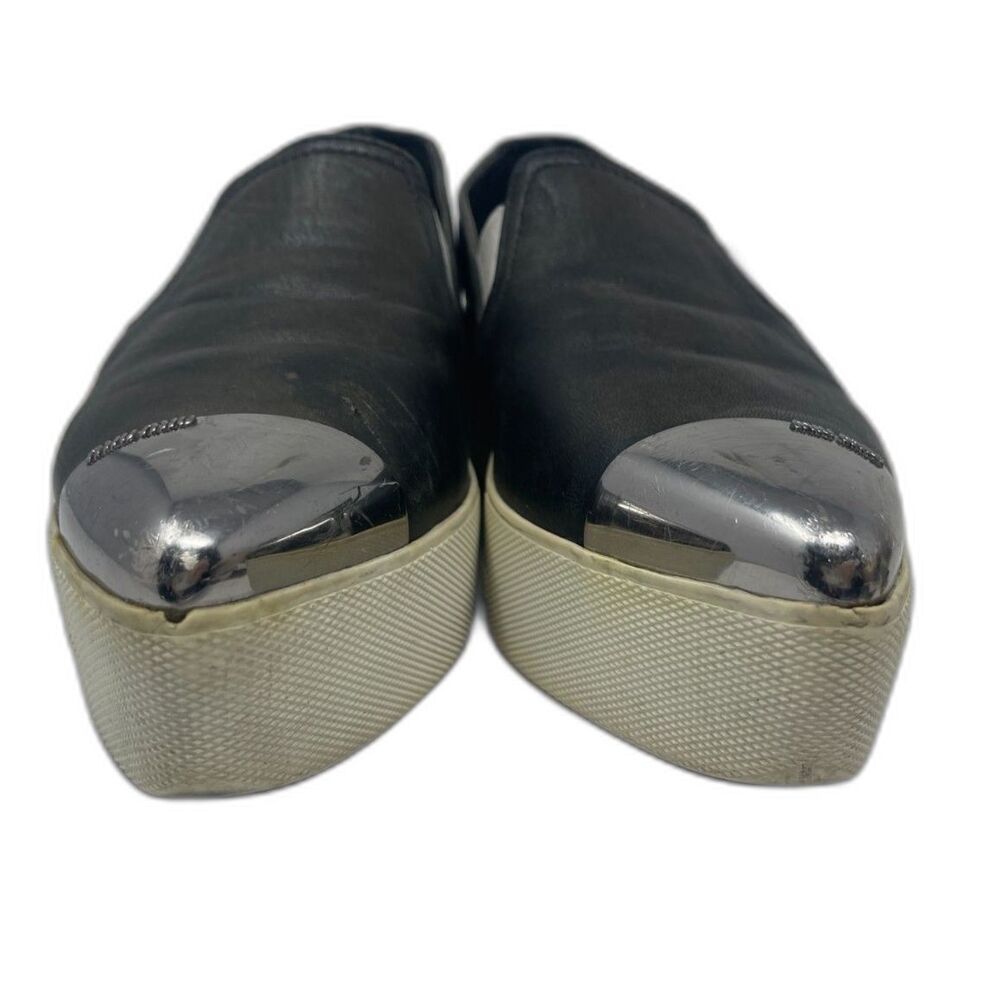 MIU MIU Black Leather Silver Metal Cap Toe Slip On Platform Sneaker EU 38 Italy - Picture 2 of 11